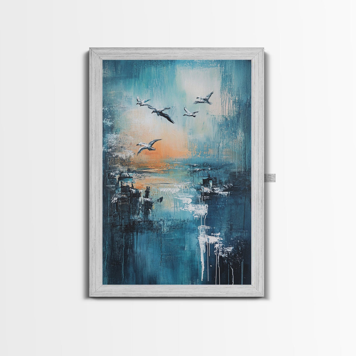 Seagull Art, coastal wall art, nautical painting, ocean birds, teal wall art, moody art, framed canvas print, gift idea, coastal decor