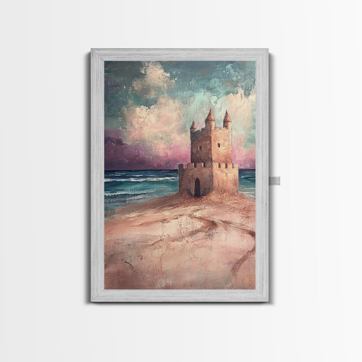 Fantasy Castle Framed Canvas Print Dreamy Coastal Art, Whimsical Beach Painting, Living Room Wall Decor, Pastel Ocean Landscape
