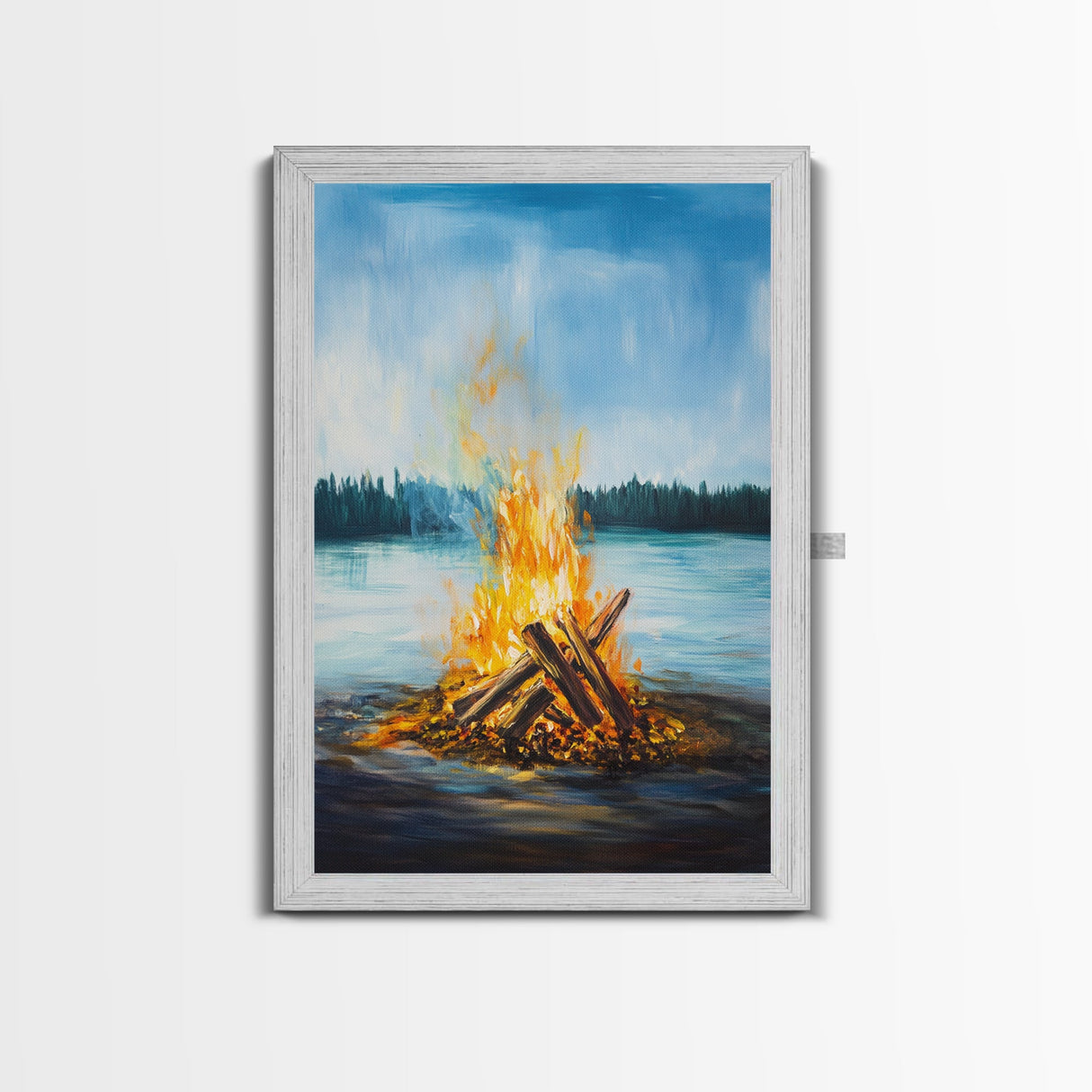Lakeside Bonfire, Camping Art, Outdoor Wall Art, Cozy Campfire Painting, Nature Art, Rustic Decor, Above Couch Art, Canvas Print