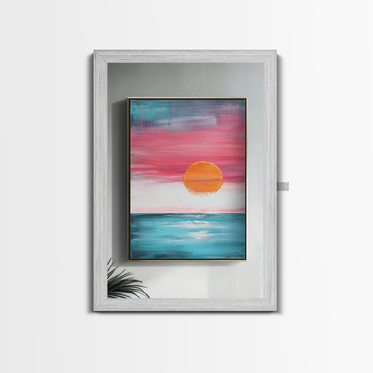 Sunset Horizon, pink orange wall art, nautical painting, coastal decor, above bed wall art, wabi sabi art, Framed Canvas Print, boho art