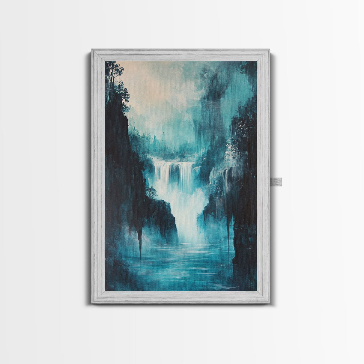 waterfall painting, landscape painting, framed canvas print, mountain painting, rustic wall art, blue and green wall art, gift idea