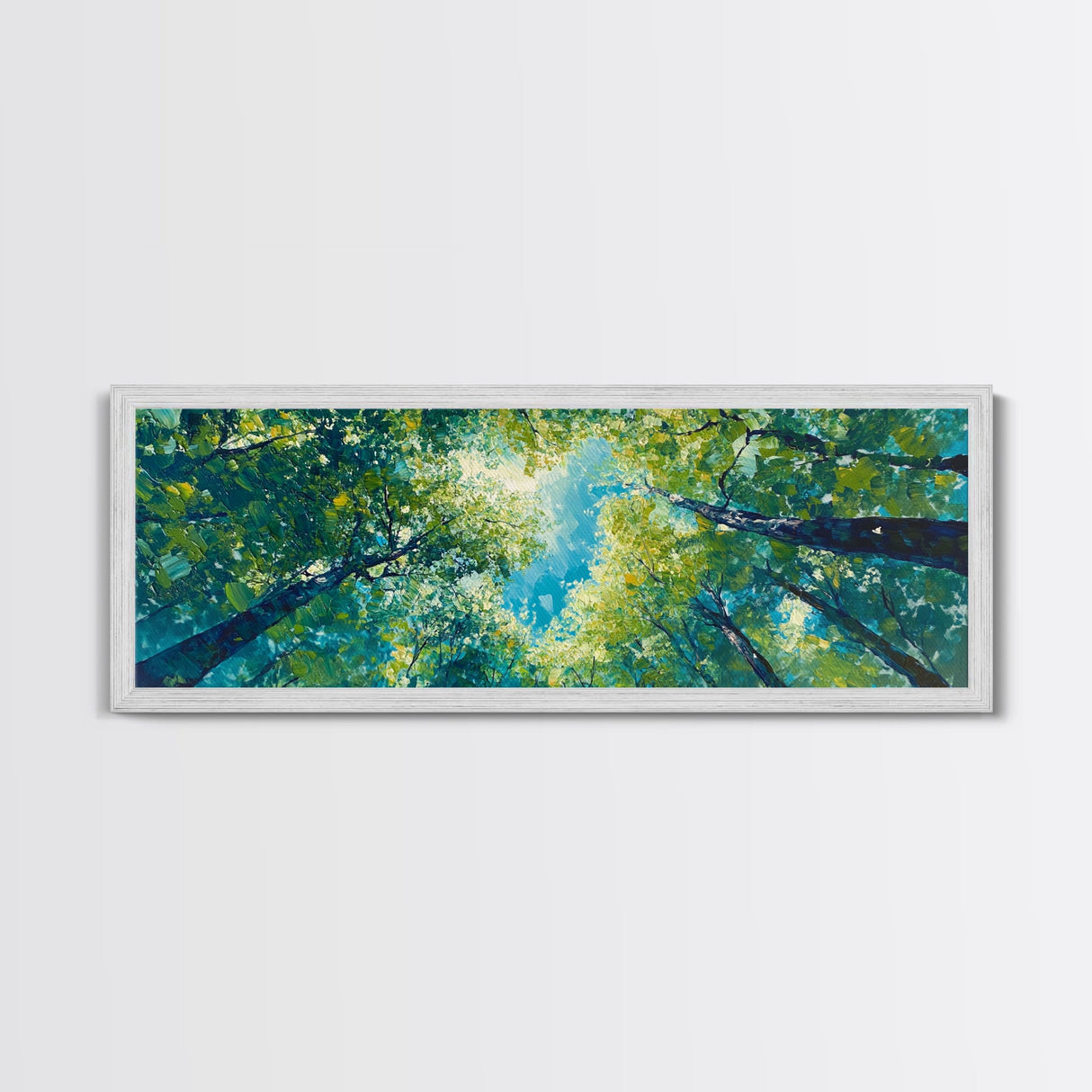 Sunlit Forest Framed Canvas Print Vibrant Nature Wall Art, Green Tree Canopy Painting, Bright Boho Decor, Botanical Living Room Art