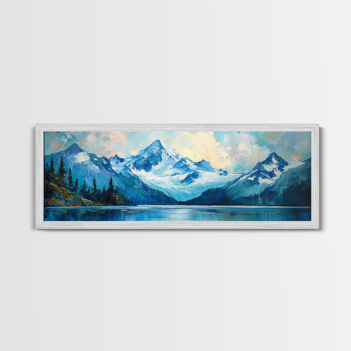 Mountain Lake Framed Canvas Print, Snowy Peak Nature Art, Adventure Home Decor, Alpine Forest Wall Art, Cabin Living Room Wall Decor