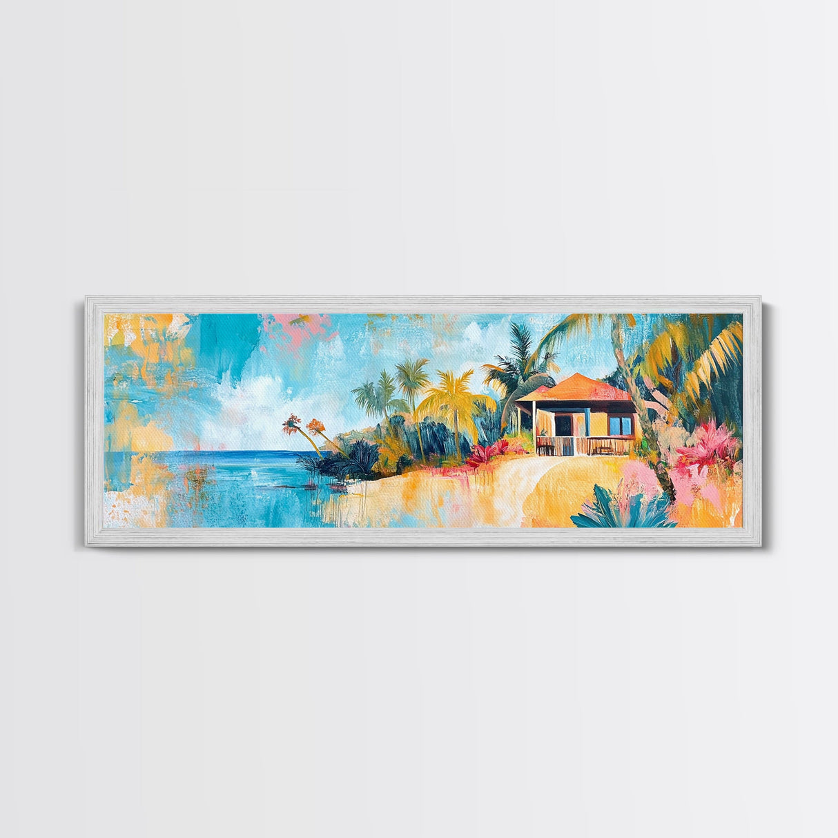 Tropical Beach Hut Painting, Vibrant Coastal Paradise Wall Art, Colorful Island House Decor, Living Room Aesthetic, Canvas Print