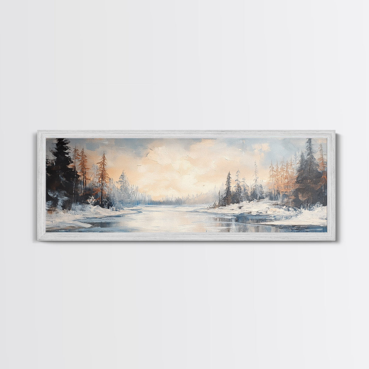 Serene Winter Forest Framed Canvas Print, Snowy Landscape Painting, Cozy Christmas Wall Art, Neutral Rustic Home Decor, Lodge Art