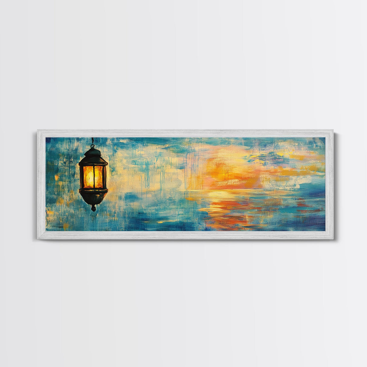 Lantern Glow Sunset Art, Warm Ambient Painting, Nautical Coastal Decor, Rustic Boho Home Wall Art, Relaxing Living Room Art