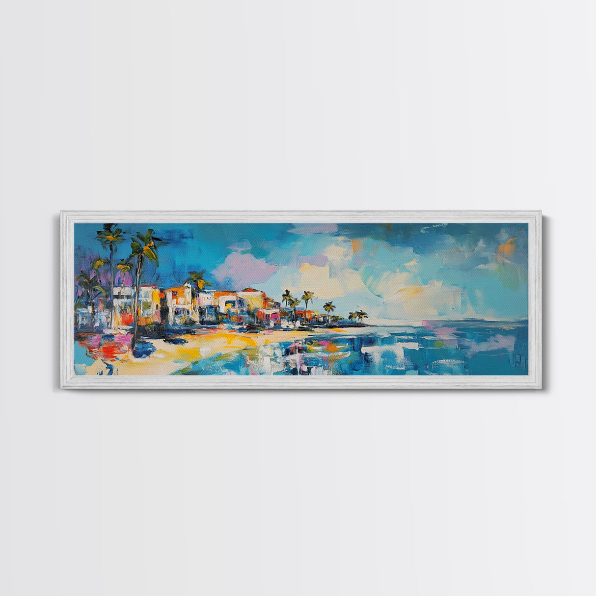 Tropical Beach Houses Framed Canvas Print Coastal Wall Art Vibrant Colorful Painting Modern Decor Large Art Living Room Office Art