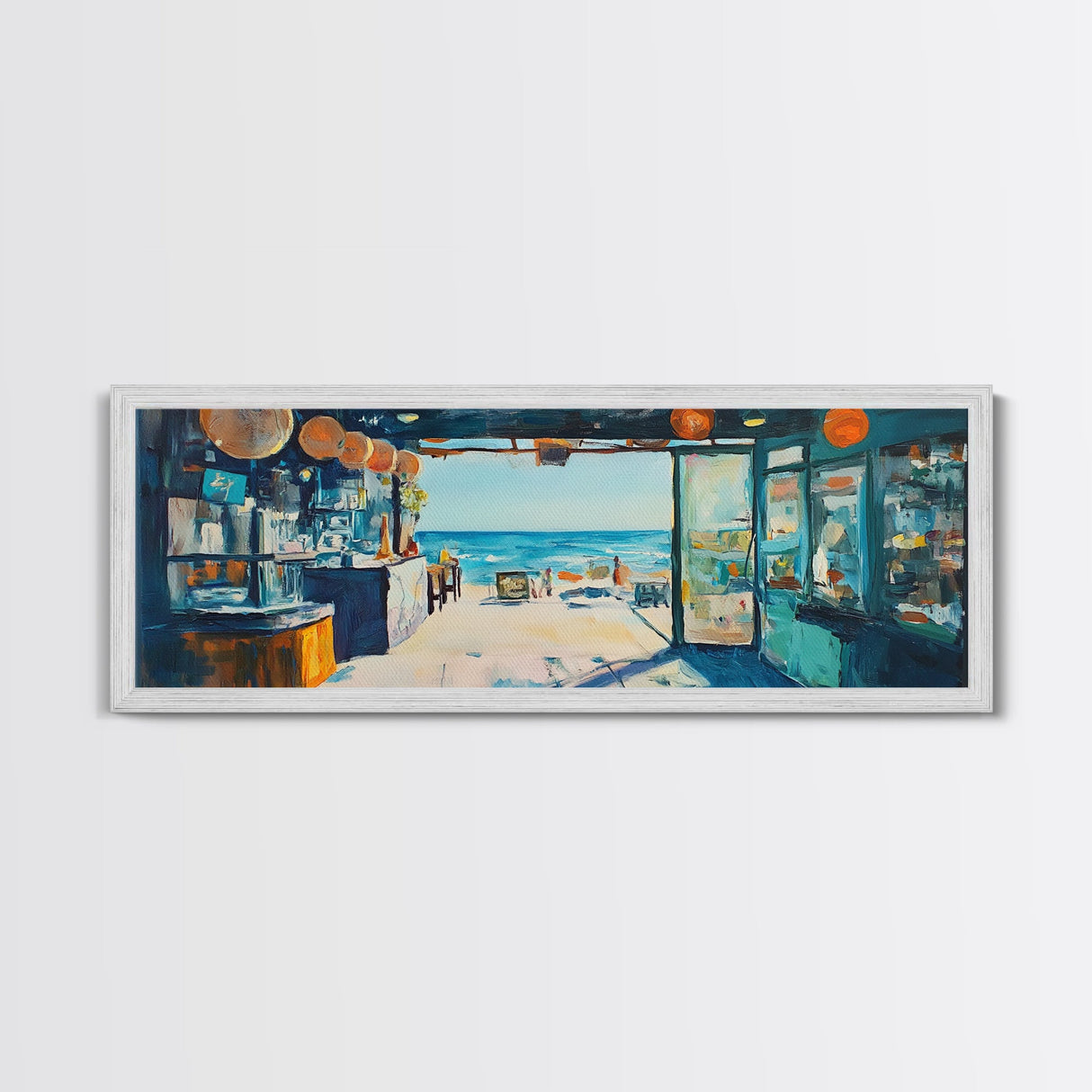 Oceanfront Cafe Scene Canvas Print Beach Bar Wall Art Coastal Decor Seaside Painting Rustic Art Dining Room Kitchen Living Room