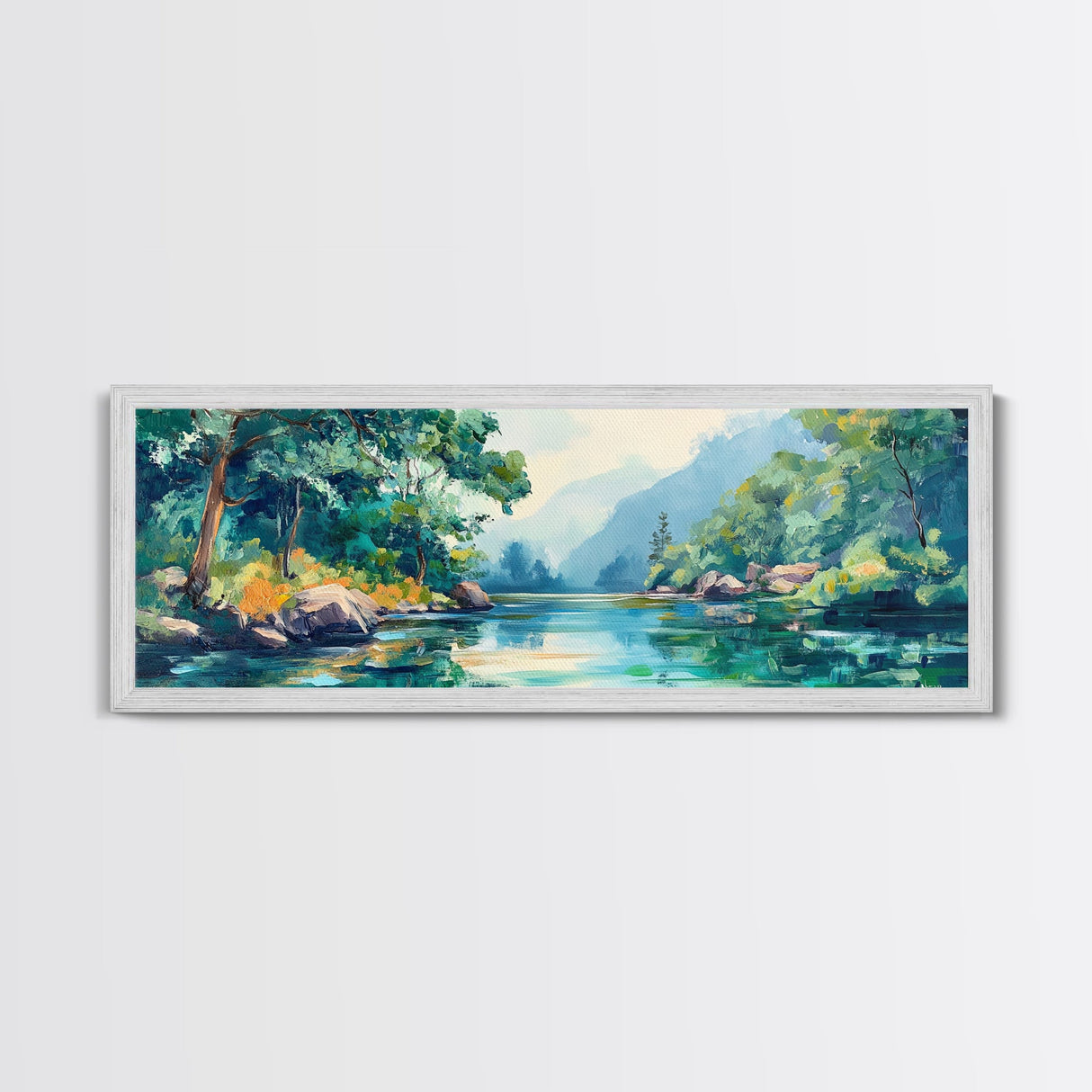 Mountain Lake View Canvas Print, Serene Landscape Painting, Green Nature Wall Art, Living Room Decor, Rustic Cabin Artwork, Gift Idea