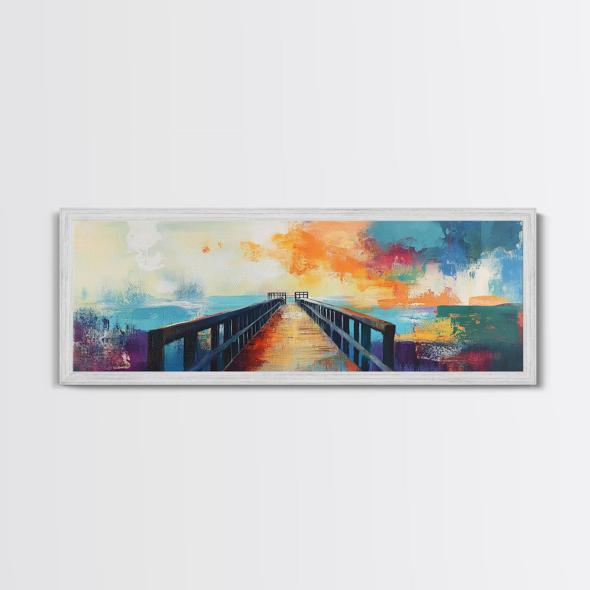 Sunset Pier Canvas Print Vibrant Coastal Wall Art Colorful Dock Painting Beach House Decor Abstract Landscape Nautical Living Room