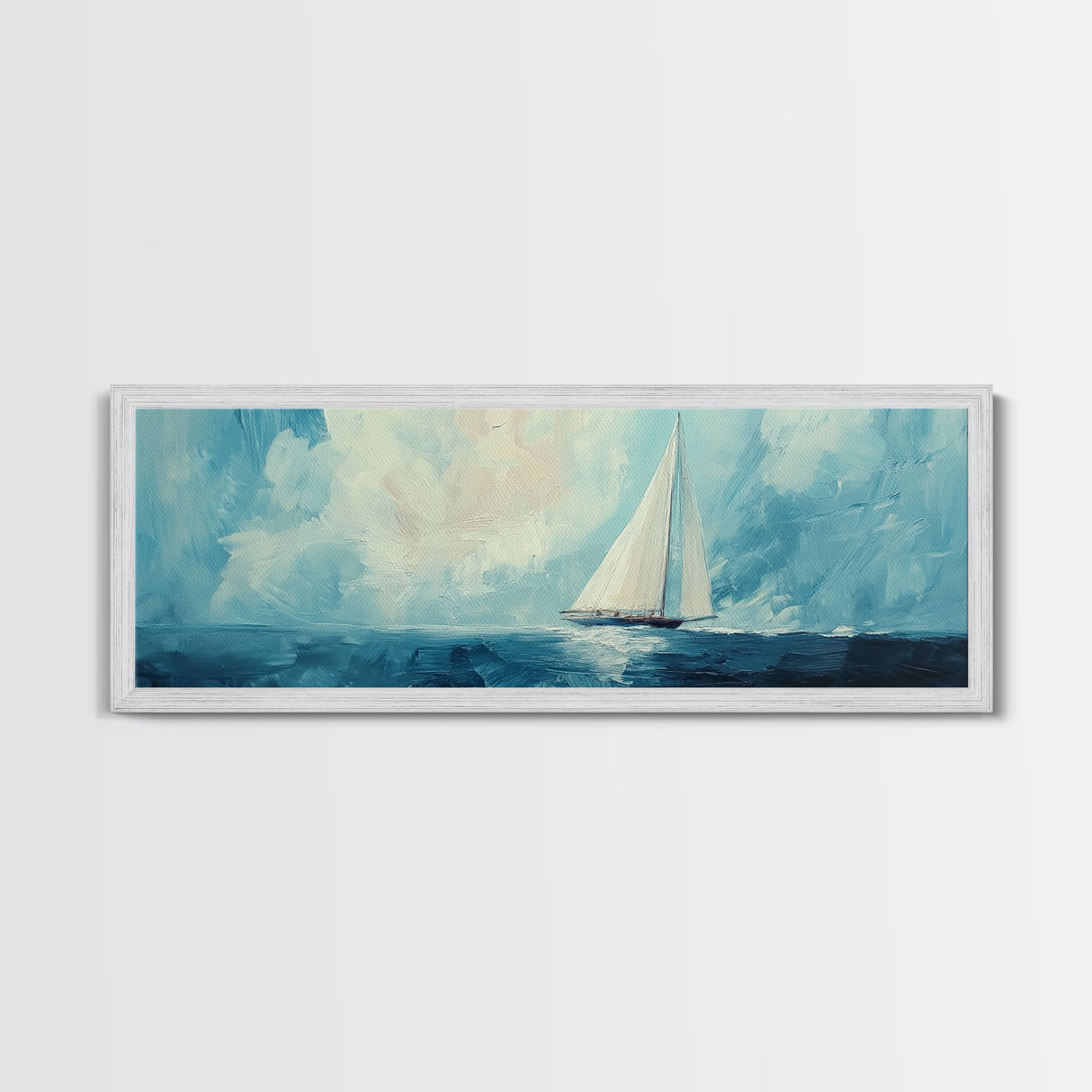 Sailboat on Open Sea Framed Canvas Print Nautical Wall Art, Ocean Painting, Coastal Home Decor, Minimalist Seascape, Beach House Art