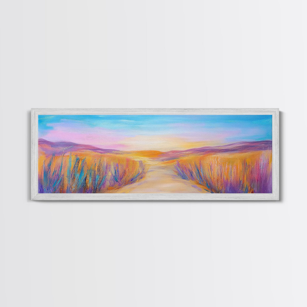 Serene Desert Sunset Path Framed Canvas Print, Southwestern Landscape Wall Art, Warm Earthy Tones, Nature Decor, Living Room Art