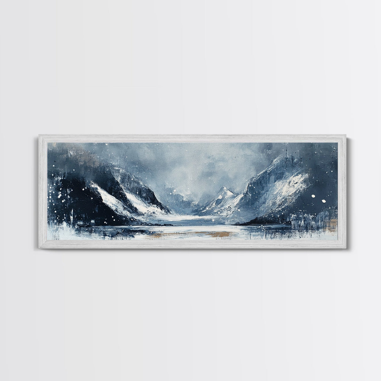 Moody Winter Mountains Framed Canvas Print Dark Landscape Painting Snowy Peaks Rustic Cabin Wall Art Lodge Decor Adventure Gift
