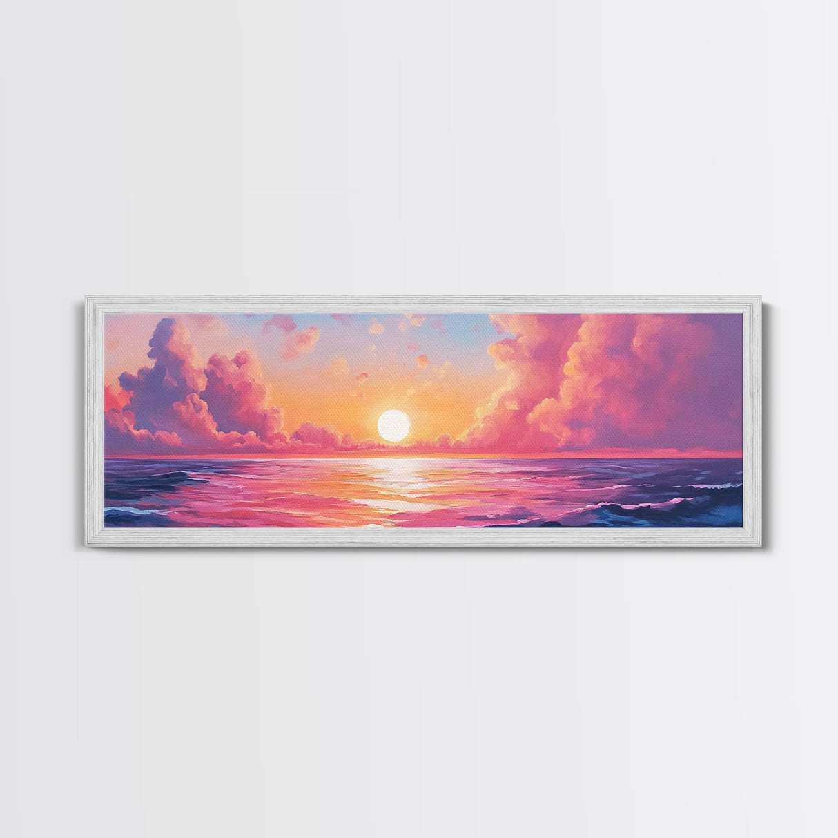 Pink Sunset, Romantic Ocean Painting, Vibrant Seascape Wall Art, Coastal Home Decor, Canvas Print, Dreamy Sky, Bedroom Artwork