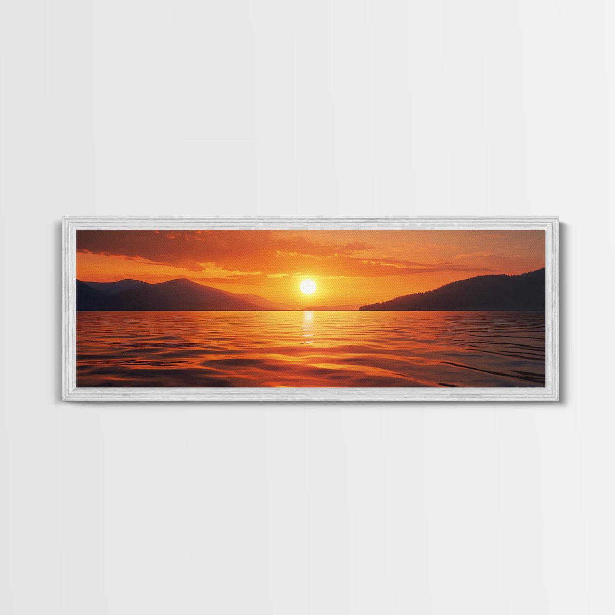 Golden Sunset, Serene Lake Painting, Tranquil Water Art, Nature Decor, Framed Canvas Print, Minimalist Style, Bedroom Artwork