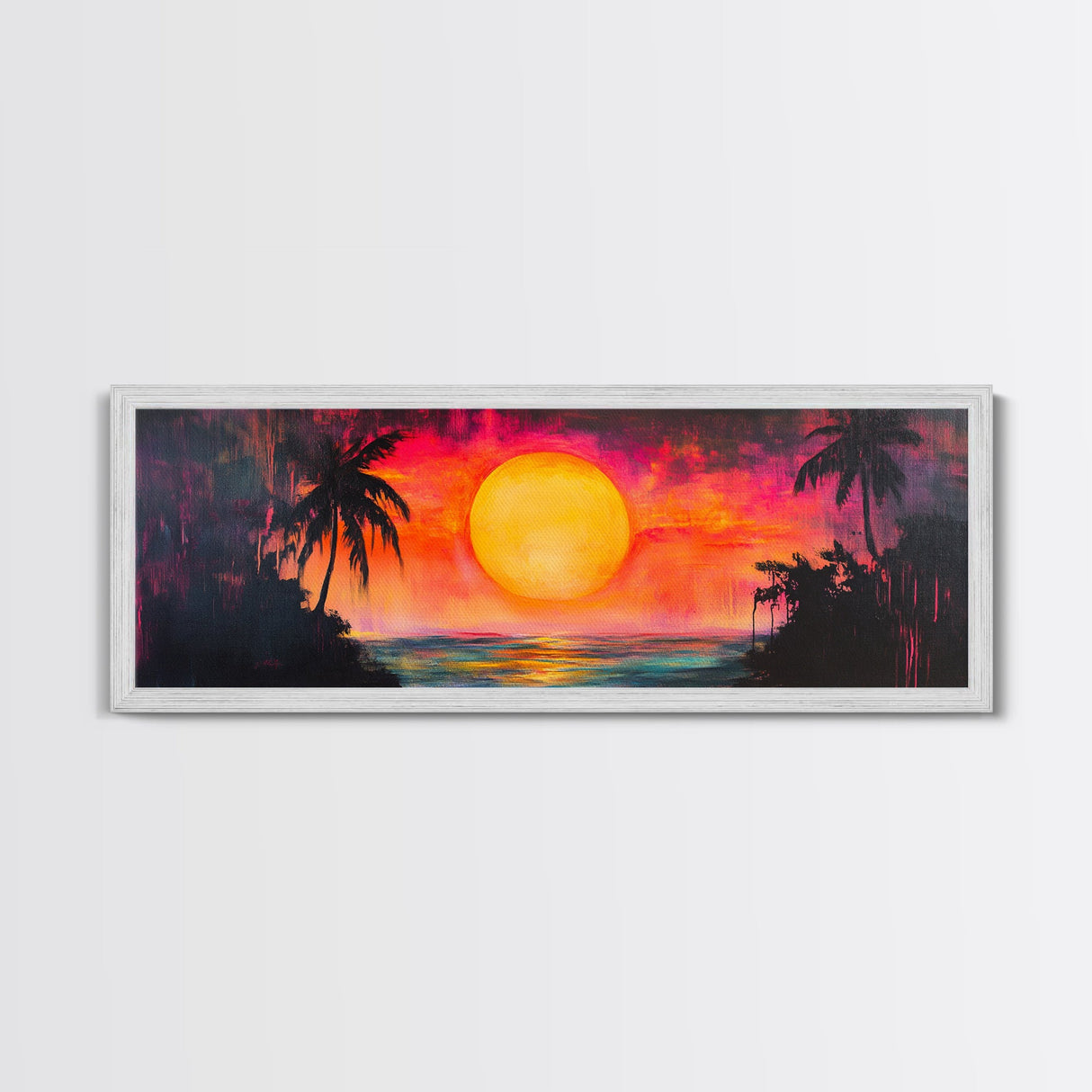 Island Sunset, Tropical Beach Painting, Palm Tree Silhouette, Paradise Art, Framed Canvas Print, Boho Style, Living Room Artwork