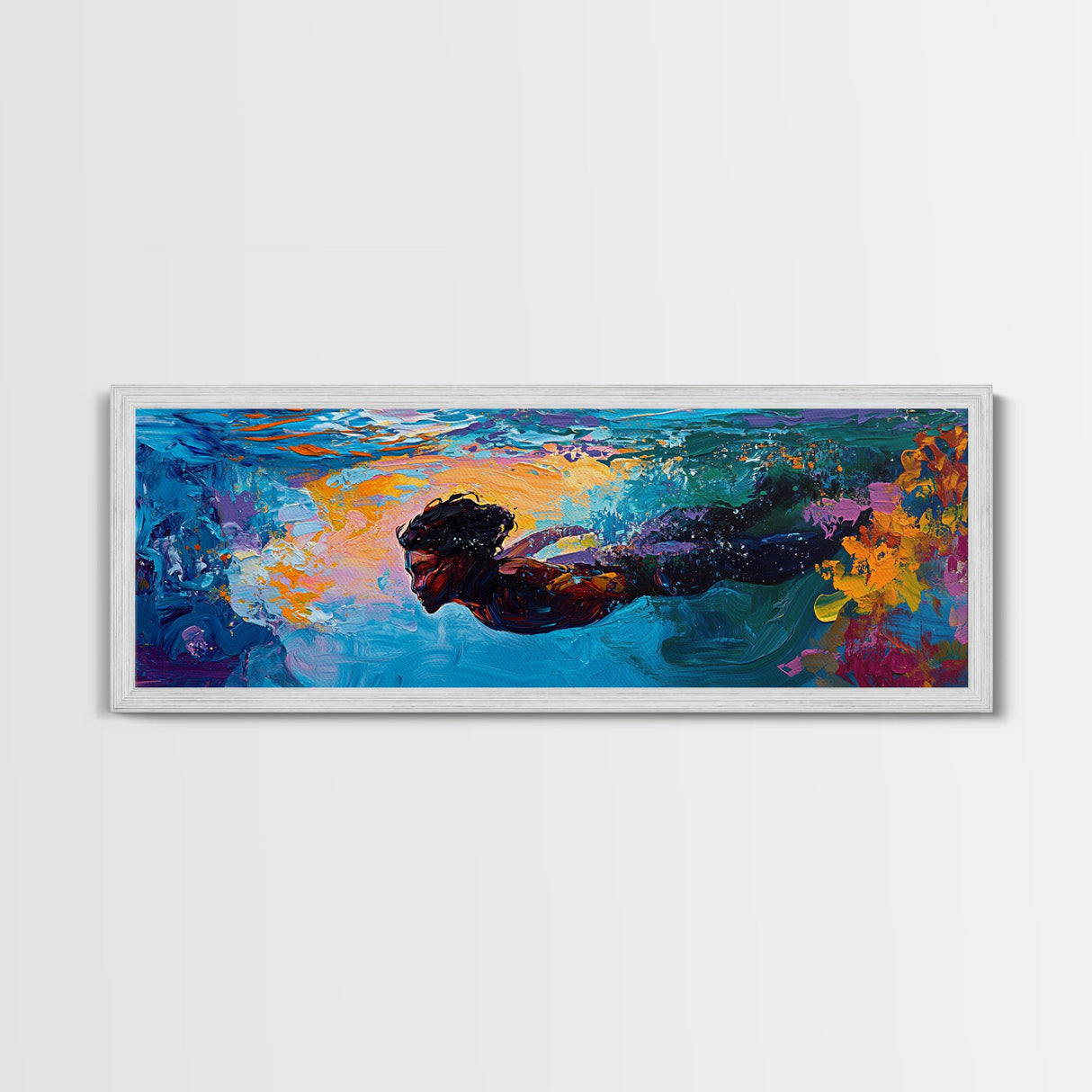 Underwater, Swimmer, Colorful, Abstract, Canvas Print, Vibrant Art, Living Room Decor, Ocean Wall Art, Modern Painting