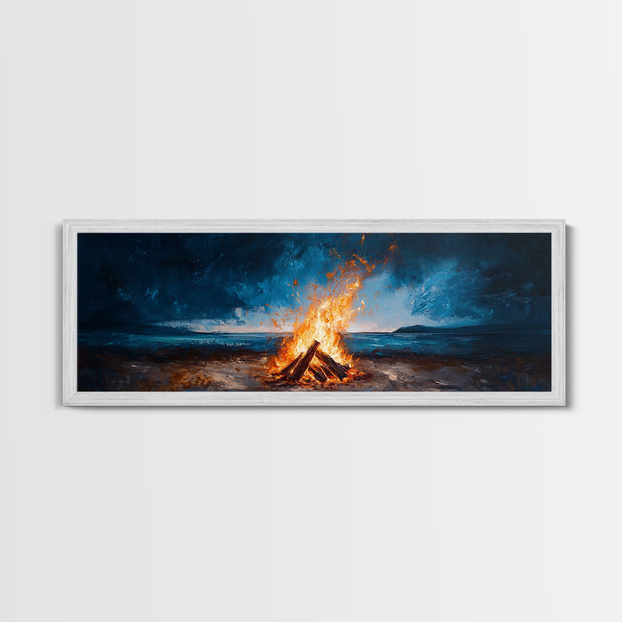 Stormy Beach Bonfire Canvas Print Dramatic Coastal Wall Art Ocean Fire Pit Painting Wilderness Adventure Decor Moody Gift