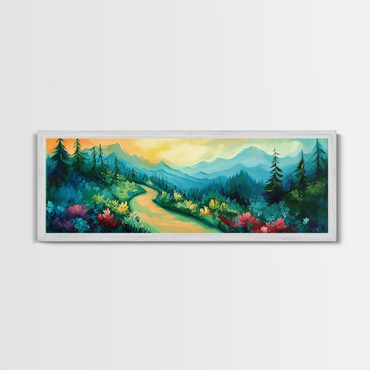 Forest Trail, Scenic Landscape Art, Green Nature Painting, Serene Hiking Scene, Cabin Wall Decor, Home Print, Framed Canvas Print