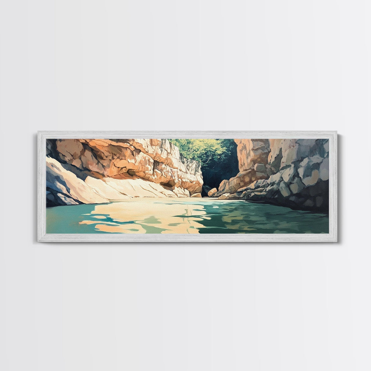 Serene River Canyon Framed Canvas Print Nature Landscape Painting, Rustic Lodge Wall Art, Outdoor Adventure Decor, Water Scene Art