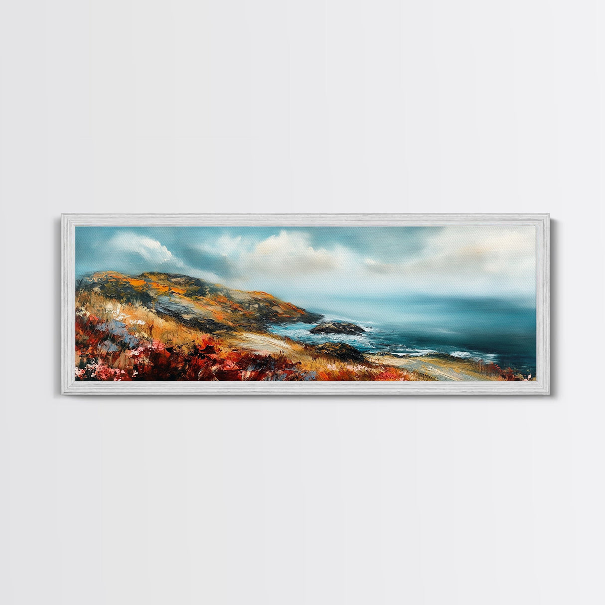 Coastal Cliffside Painting, Vibrant Seaside Landscape, Ocean Beach Art, Modern Nautical Wall Decor, Contemporary Bedroom Accent