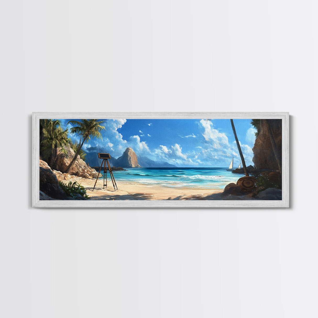 Tropical Beach Framed Canvas Print, Seaside Paradise Wall Art, Coastal Landscape Painting, Ocean View Decor, Office Art