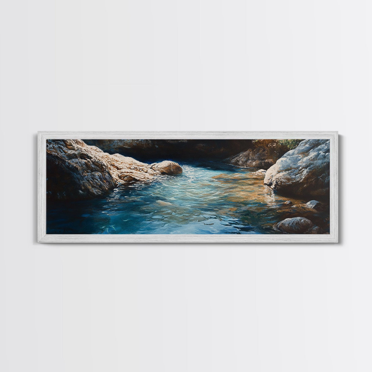 Tranquil Rocky Cove Canvas Print Nature Photography Wall Art, Serene Water Reflections, Modern Bedroom or Living Room Decor, Gift Idea