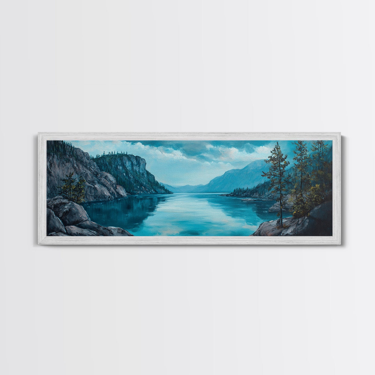 Tranquil Lake Landscape Wall Art, Blue Nature Painting, Rustic Lodge Decor, Large Wide Artwork, Living Room Wall Art