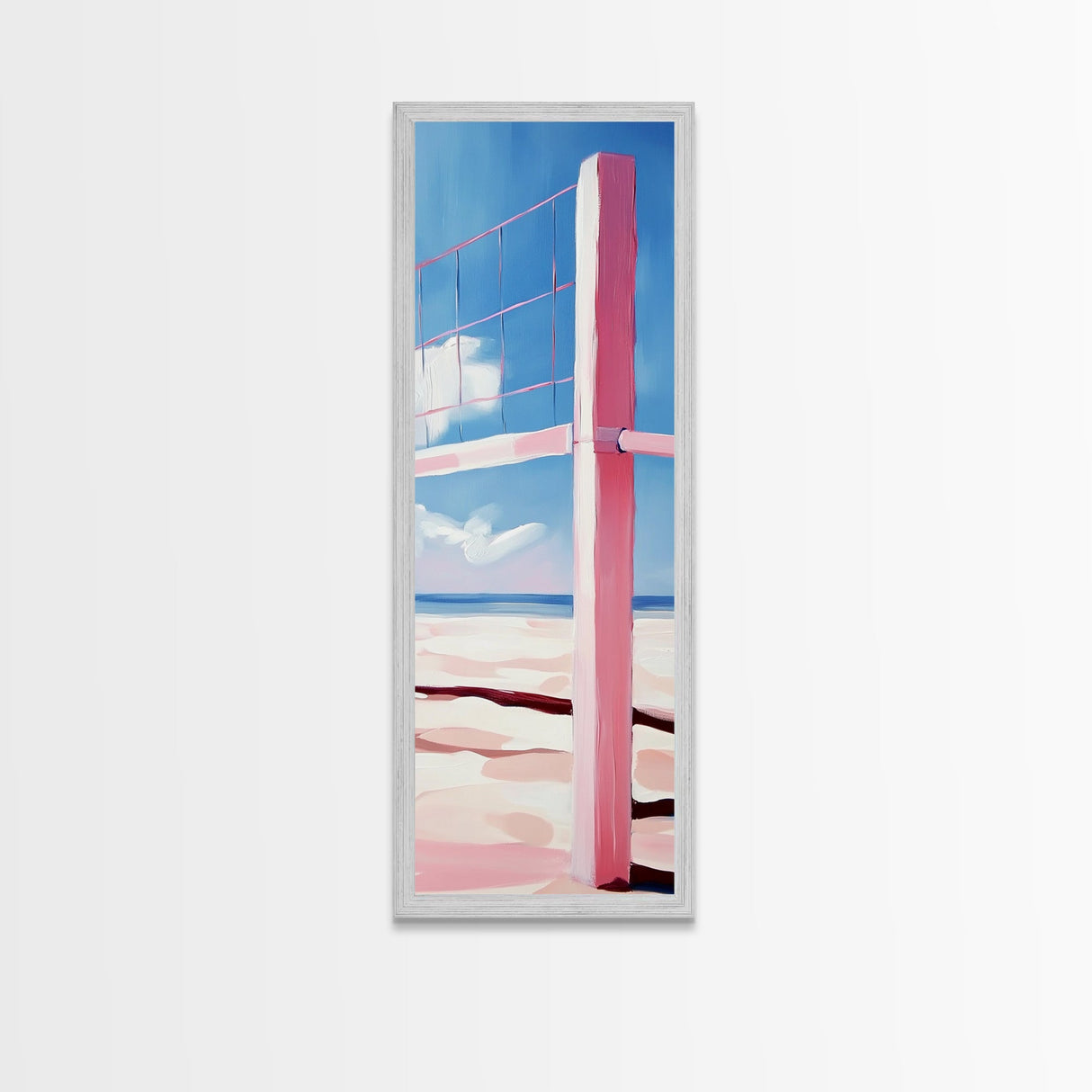 Beach Volleyball Net, Summer Fun, Pink Aesthetic, Framed Canvas Print, Modern Minimalist, Coastal Sports, Vacation Home Wall Art