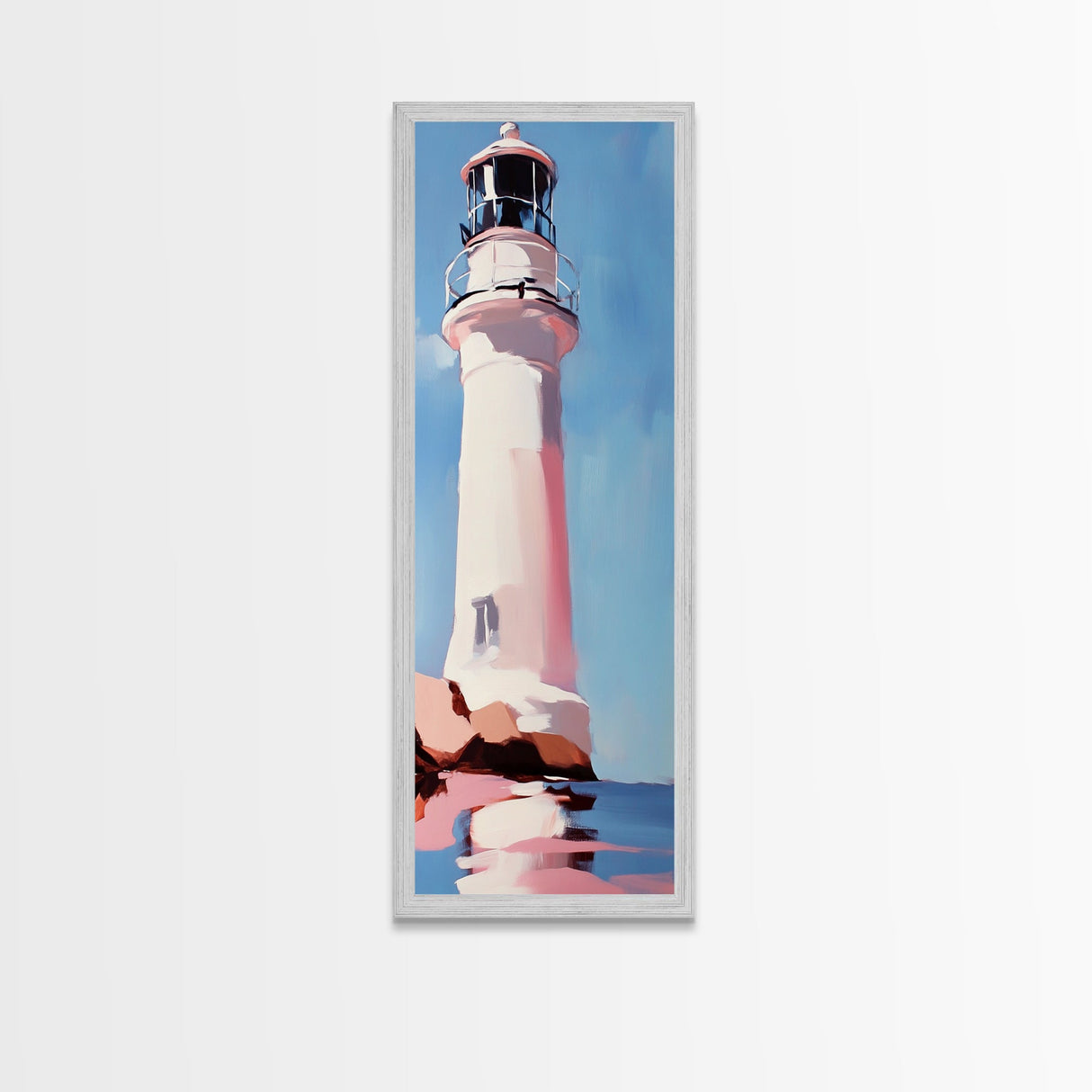 Lighthouse, Pink Sky, Nautical, Coastal Wall Art, Beach Home Decor, Ocean Painting, Modern Seascape, Framed Canvas Print