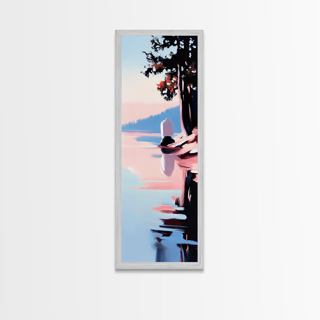 Lakeside Serenity, Moody Nature, Framed Canvas Print, Contemporary Wall Art, Blue and Pink Painting, Living Room Wall Art
