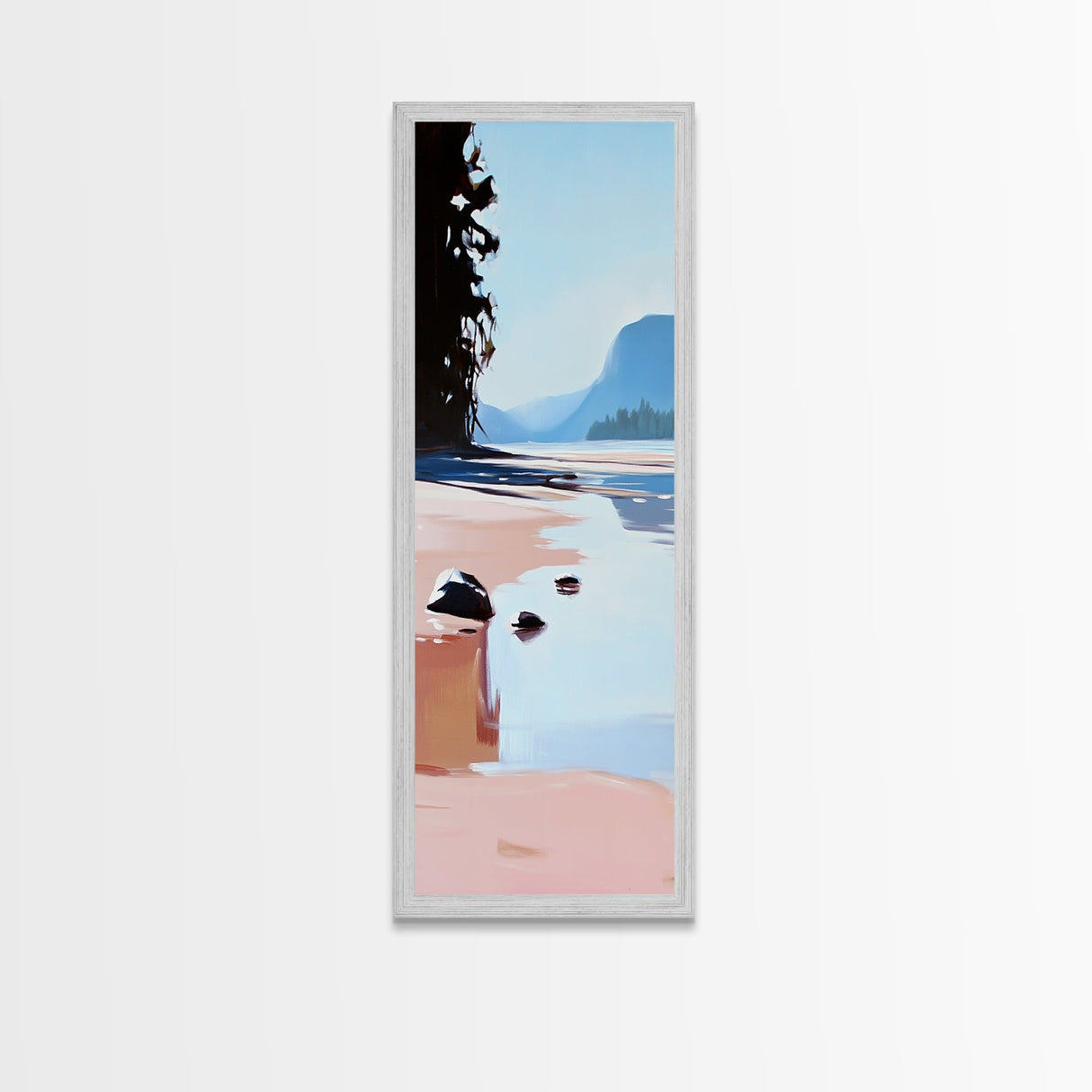 Serene Beach, Minimalist Landscape, Abstract Nature, Framed Canvas Print, Coastal Wall Art, Soft Blue and Pink, Living Room Wall Art
