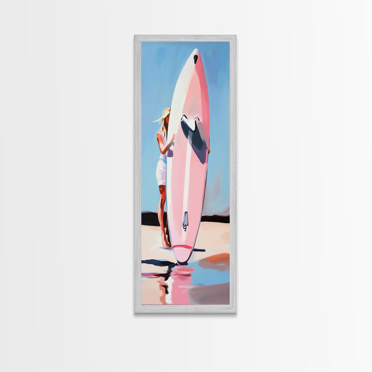 Surfboard Girl, Summer Beach, Coastal Aesthetic, Canvas Print, Boho Wall Art, Minimalist Painting, Living Room Decor, Gift, Pastel
