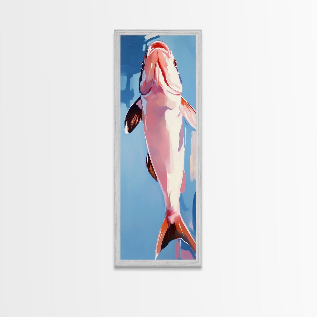 Abstract Fish, Coastal Art, Ocean Life Painting, Framed Canvas Print, Minimalist Marine Decor, Blue and Pink Aesthetic, Beach House Art