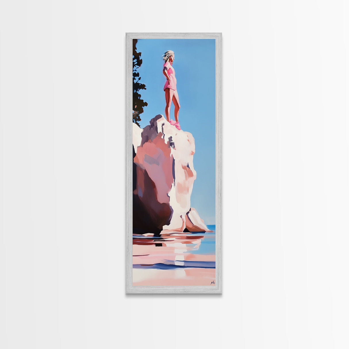 Coastal Adventure, Pink and Blue Art, Minimalist Beach Scene, Modern Landscape, Travel Inspiration, Contemporary Framed Canvas Print