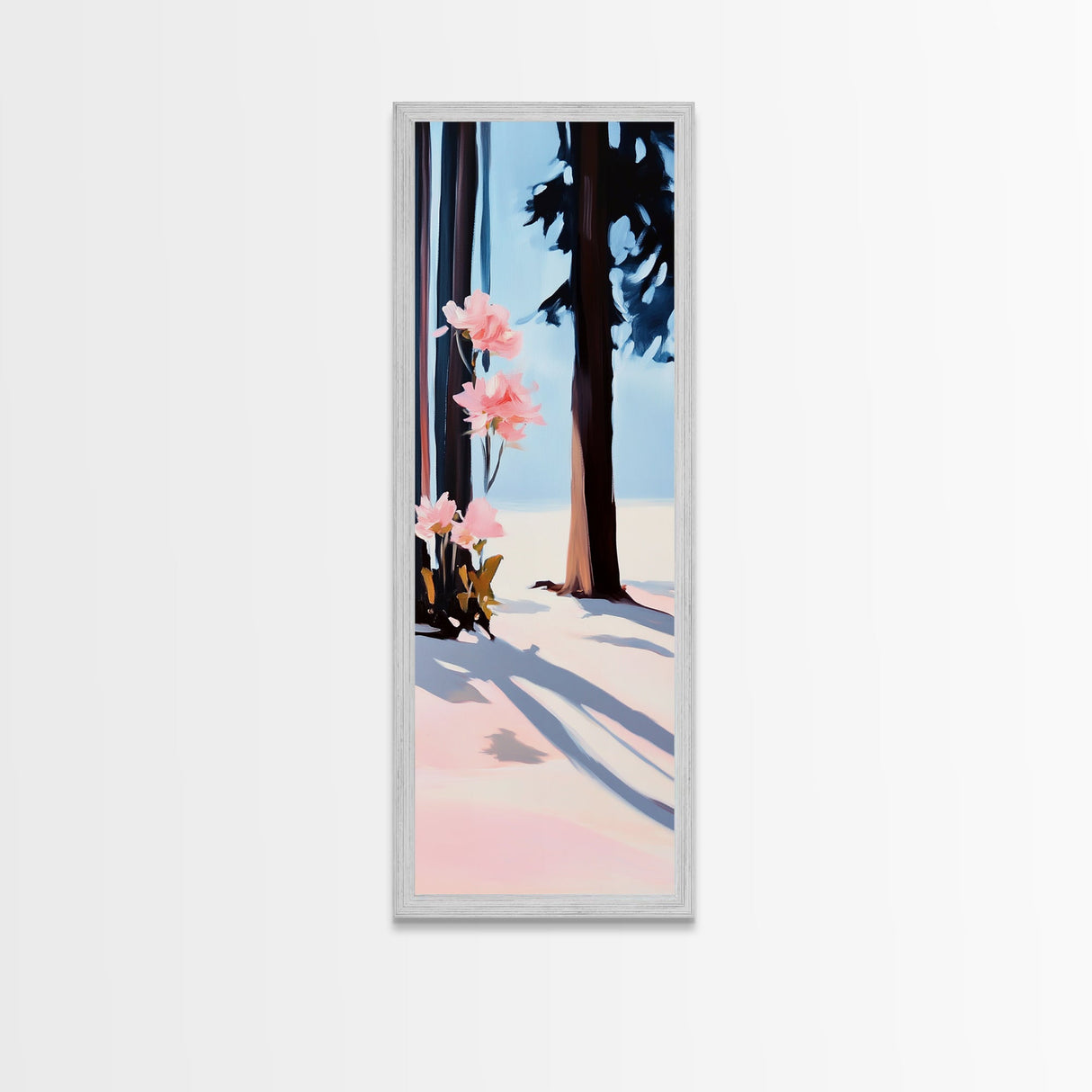 Floral Winter, Botanical Wall Art, Pink Flower Snow Scene, Nature-Inspired Artwork, Minimalist Forest Painting, Canvas Print, Office Wall Art
