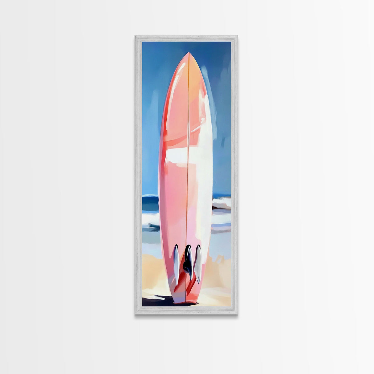 Pink Surfboard, Beach House Art, Coastal Aesthetic, Surfer Lifestyle, Summer Vibes, Ocean Theme Framed Canvas Print, Modern Wall Decor