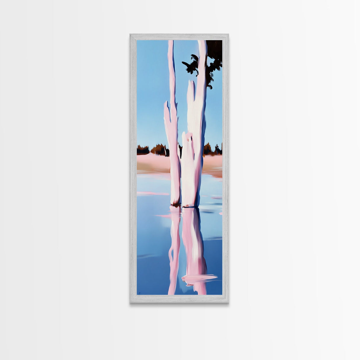 Pink Trees, Lake Reflection, Minimalist Nature, Calm Water Scene, Soft Pastel Wall Art, Tranquil Framed Canvas Print, Zen Home Decor