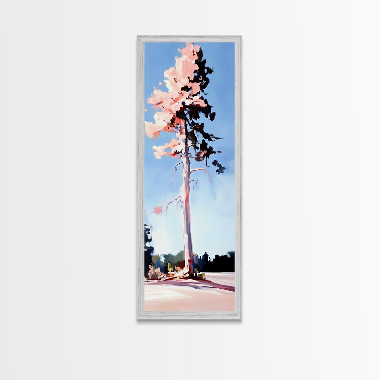 Pink Blossom Tree, Spring Landscape Art, Dreamy Nature Print, Pastel Wall Decor, Romantic Living Room, Framed Canvas Print