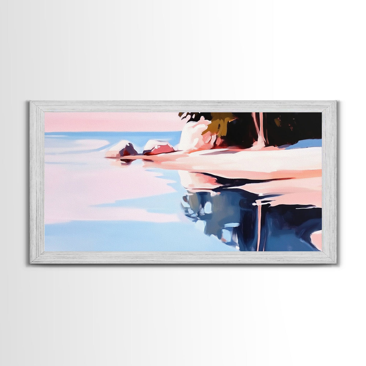 Serene Lake Reflection, Tranquil Water Scene, Minimalist Landscape, Framed Canvas Print, Living Room Wall Art, Coastal Wall Decor