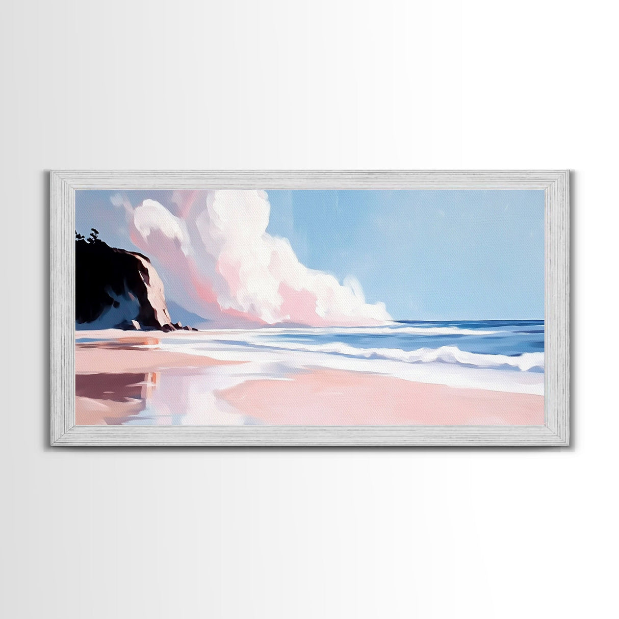 Ocean Cliff, Dreamy Coastal Landscape, Pastel Seascape Art, Framed Canvas Print, Beach House Wall Decor, Relaxing Ocean Scene