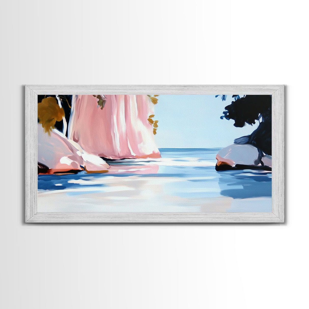 Pink Waterfall, Abstract Landscape, Minimalist Art, Coastal Wall Decor, Living Room Art, Framed Canvas Print, Nature-Inspired Home Art
