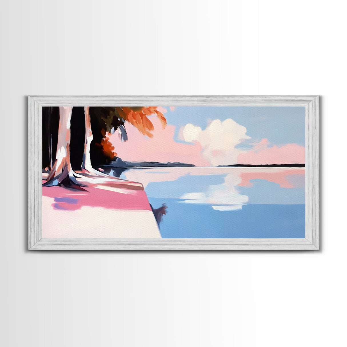Serene Lake View, Tranquil Waters, Sunset Reflection, Nature Wall Art, Framed Canvas Print, Living Room Decor, Minimalist Landscape