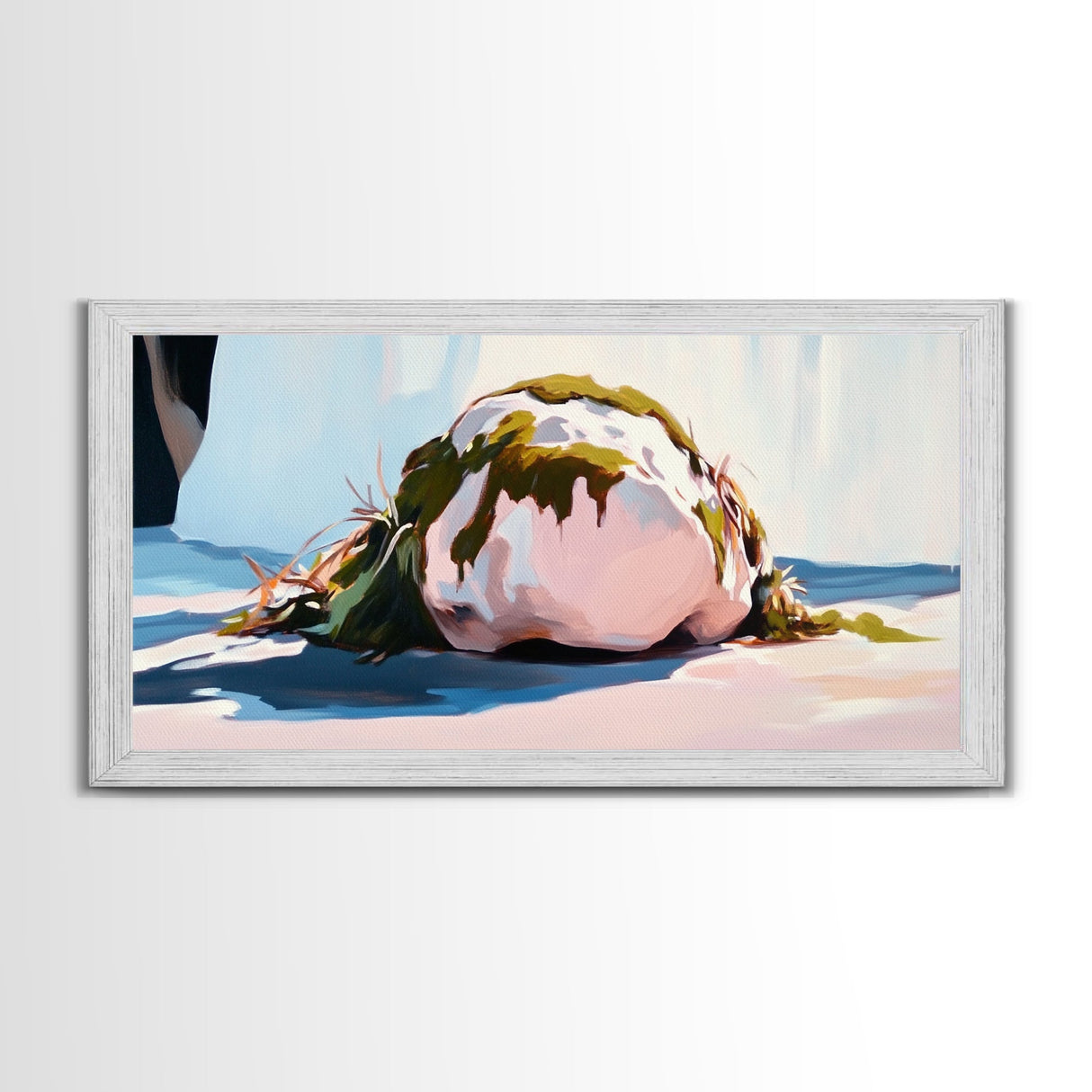 Mossy Rock on Beach, Nature Coastal Art, Earthy Seaside Print, Tranquil Zen Decor, Organic Minimalist Aesthetic, Living Room Canvas Print