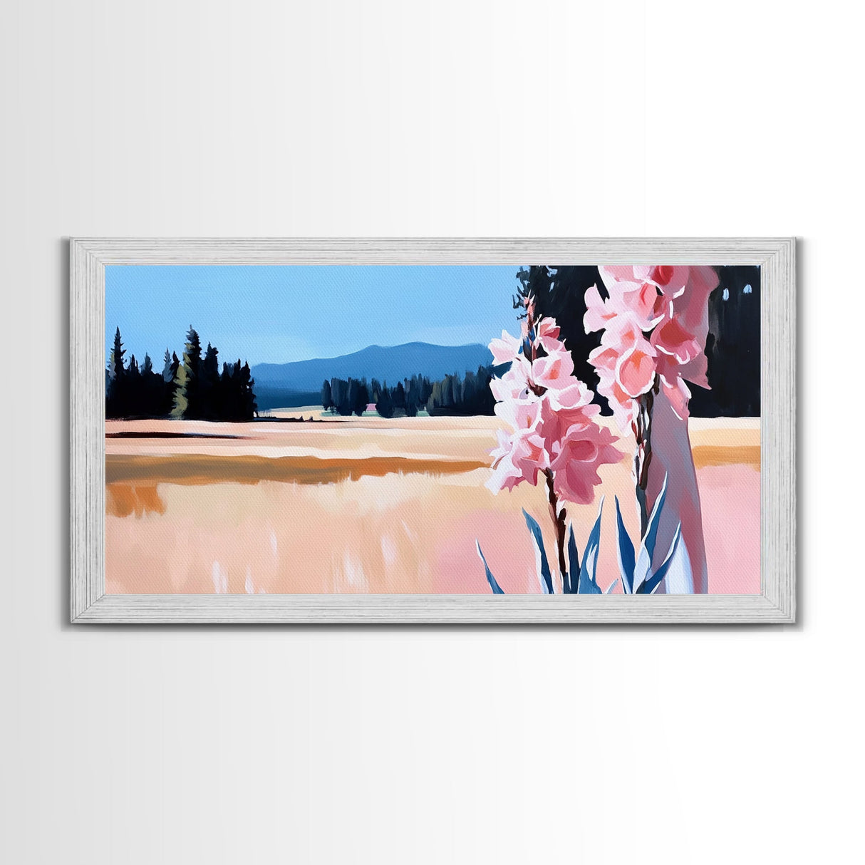 Pink Flowers, Nature Landscape, Countryside Wall Art, Floral Aesthetic, Boho Decor, Bedroom Wall Art, Minimalist Art, Canvas Print