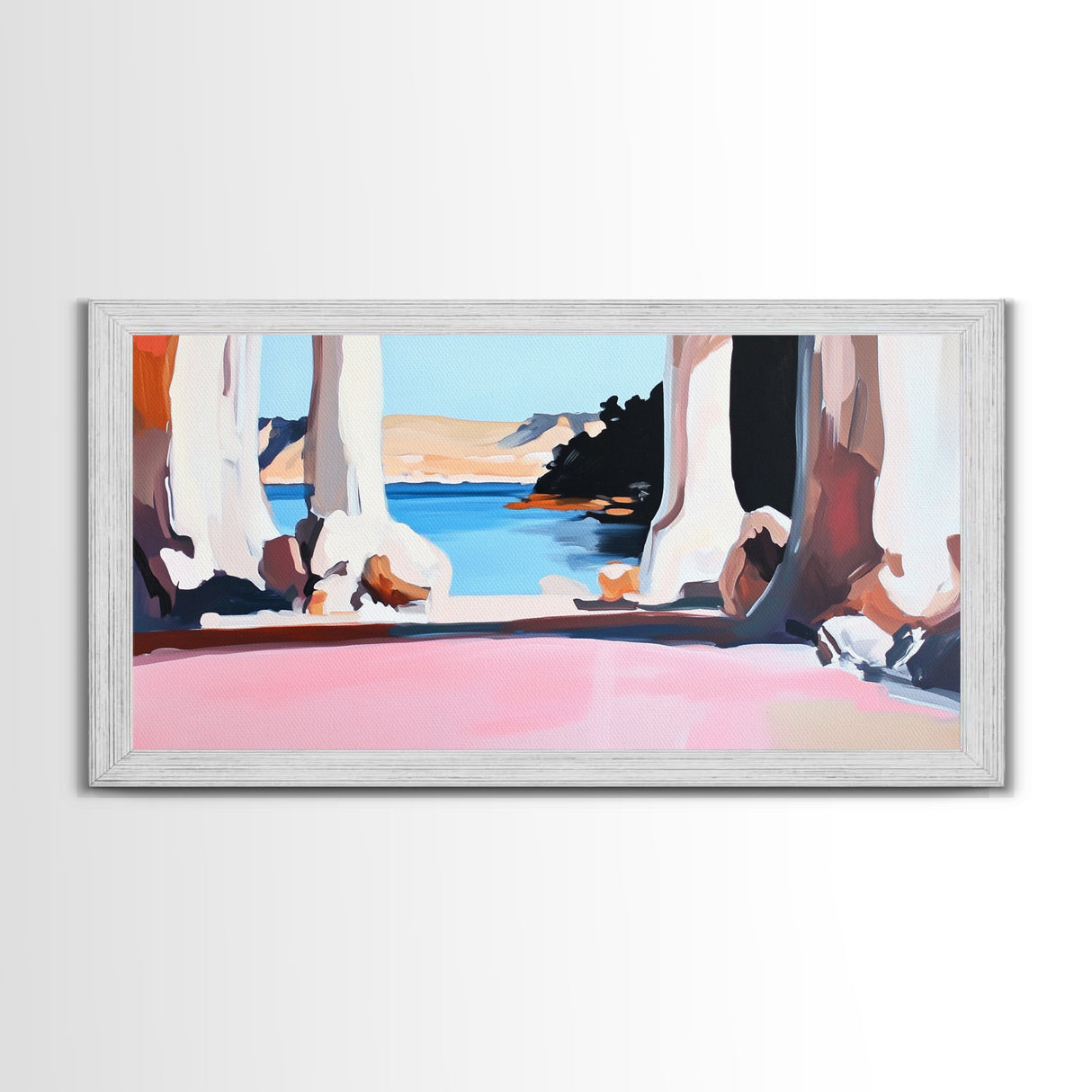 Tranquil Waters, Cliffside View, Serene Seascape, Framed Canvas Print, Coastal Wall Art, Boho Decor, Office Wall Art, Abstract Landscape