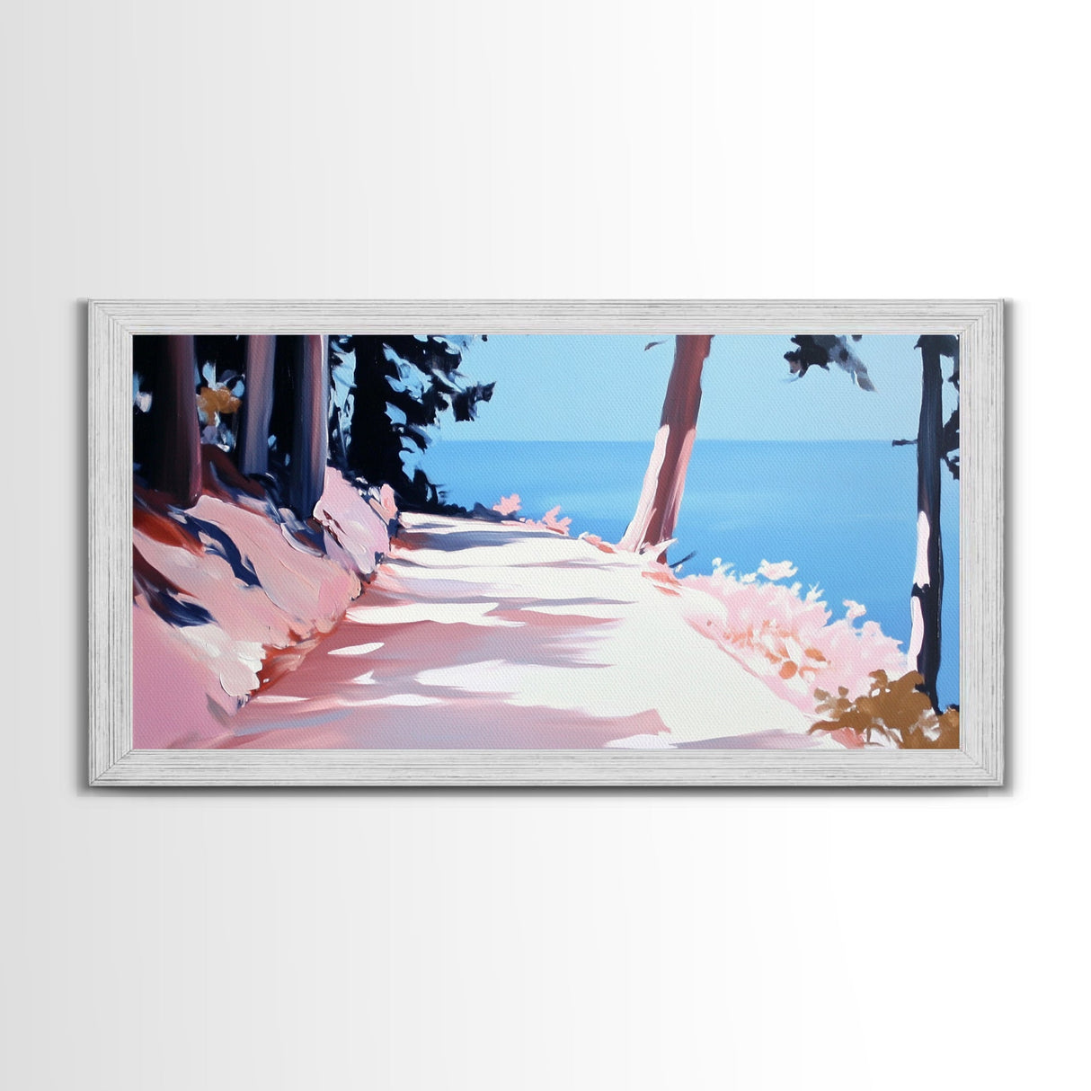Sunlit Pathway, Serene Nature Art, Forest Trail Print, Pink Blue Landscape, Scenic Wall Decor, Calm Aesthetic Home, Framed Canvas Print