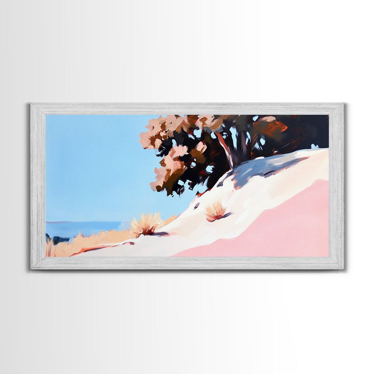 Sunlit Hill, Nature Wall Art, Serene Desert Scene, Warm Earthy Tones, Cozy Boho Decor, Relaxing Landscape Painting, Framed Canvas Print