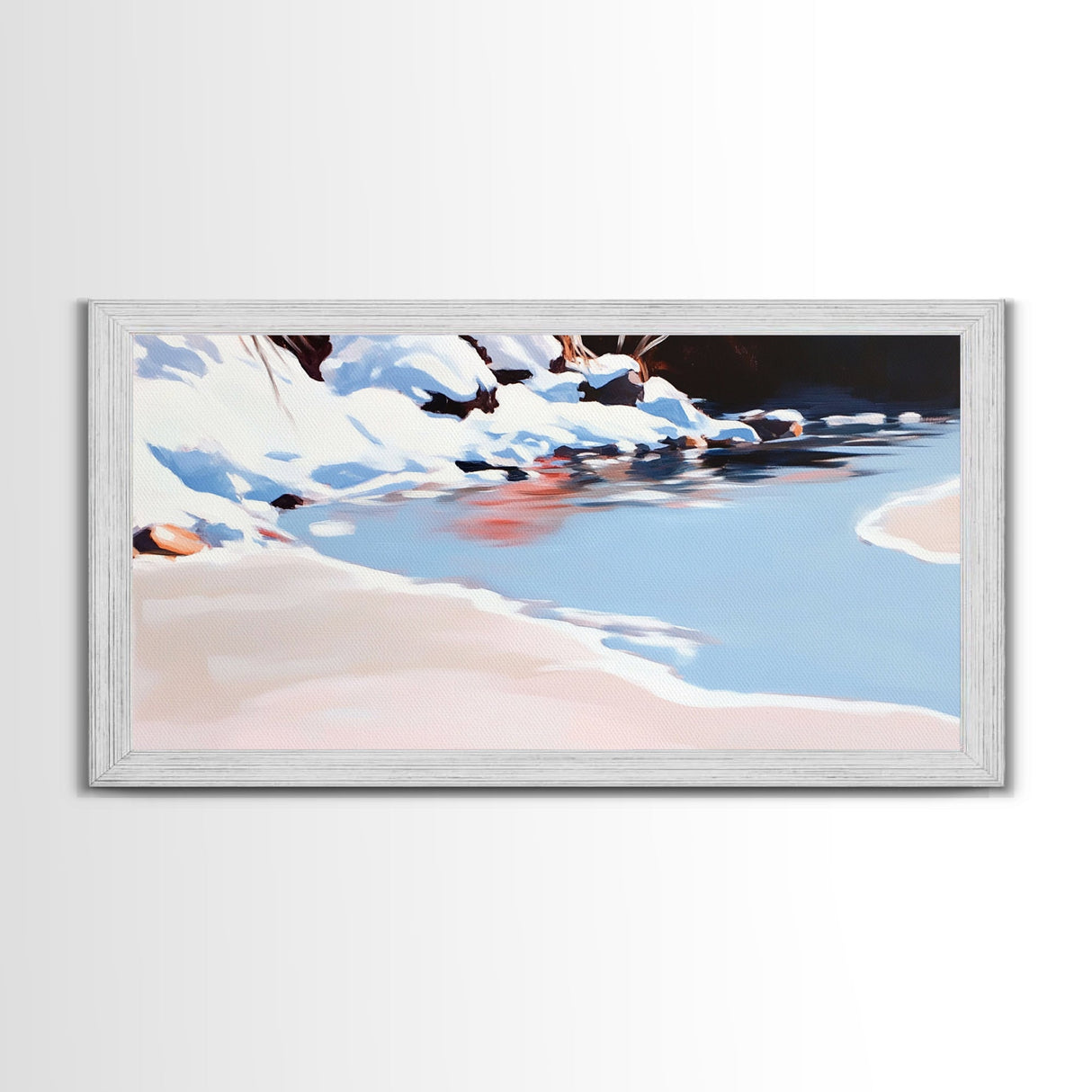 Winter River Scene, Snowy Landscape, Blue Wall Art, Modern Framed Canvas Print, Living Room Decor, Minimalist Nature Painting