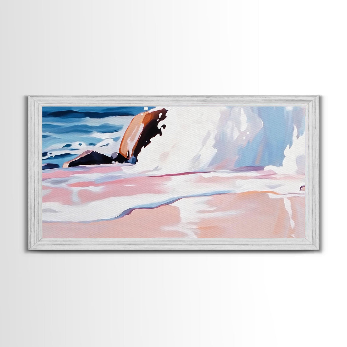 Rocky Shore, Wave Crash, Framed Canvas Print, Coastal Wall Art, Beach House Decor, Serene Seascape, Modern Ocean Painting
